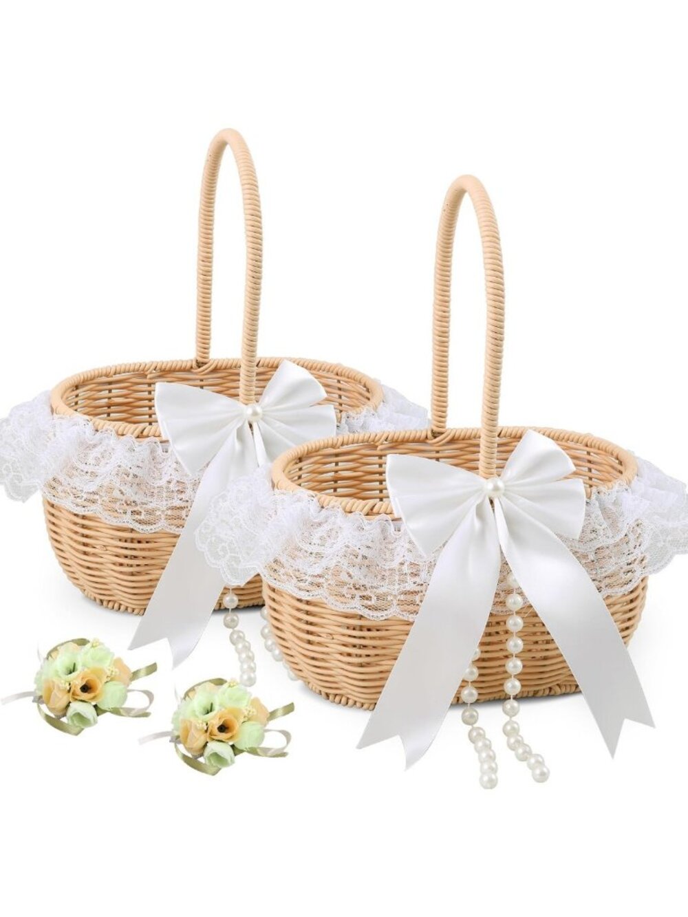 Rustic Flower Girl Basket Set with Wrist Corsage - Perfect for Weddings & Events